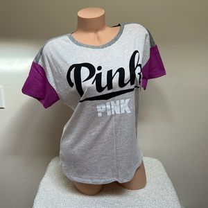 Victoria’s Secret Pink Tee Shirt Top with Colorblock Purple Pink Sleeves S